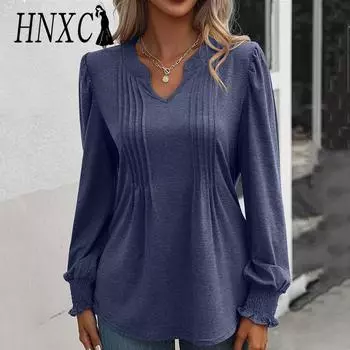 HNXC женские модные повседневные весенне-осенние однотонные блузки и рубашки с длинными рукавами и v-образным вырезом с принтом S тёмно-синий