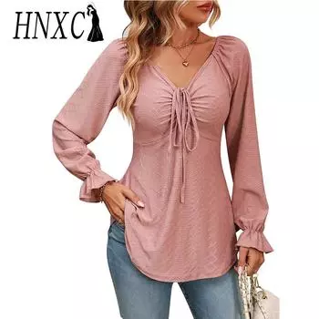 HNXC женские модные повседневные весенне-осенние однотонные блузки и рубашки с длинными рукавами и v-образным вырезом с принтом S чёрный