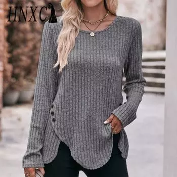 HNXC женские модные повседневные весенне-осенние однотонные блузки и рубашки с круглым вырезом и длинными рукавами с принтом S серый