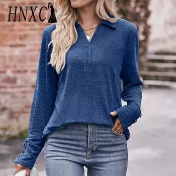 HNXC женские модные повседневные весенне-осенние однотонные блузки и рубашки с длинными рукавами и воротником-поло с принтом S темно-серого