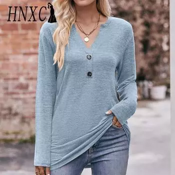 HNXC женские модные повседневные весенне-осенние однотонные блузки и рубашки с длинными рукавами и v-образным вырезом с принтом S красный