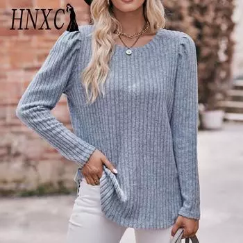 HNXC женские модные повседневные весенне-осенние однотонные блузки и рубашки с круглым вырезом и длинными рукавами с принтом S светло-синий