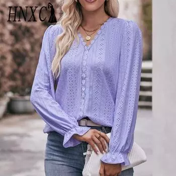 HNXC женские модные повседневные весенне-осенние однотонные блузки и рубашки с длинными рукавами и v-образным вырезом с принтом S фиолетовый