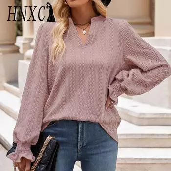 HNXC женские модные повседневные весенне-осенние однотонные блузки и рубашки с длинными рукавами и v-образным вырезом с принтом S серый