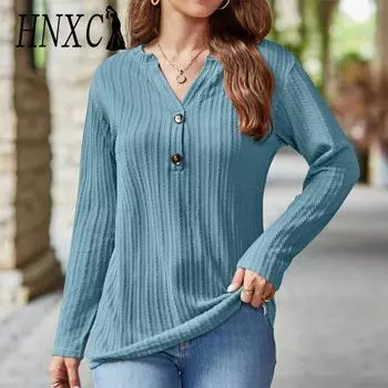 HNXC женские модные повседневные весенне-осенние однотонные блузки и рубашки с длинными рукавами и v-образным вырезом с принтом S чёрный