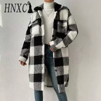HNXC женские винтажные повседневные куртки и пальто с воротником в клетку с клетчатым принтом, осенне-зимние куртки-поло с длинными рукавами и пальто S