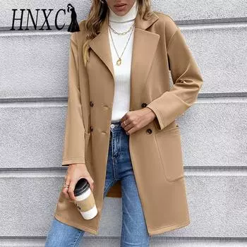 HNXC женские винтажные повседневные однотонные куртки и пальто с воротником-поло на осень-зиму с длинным рукавом и принтом S красный