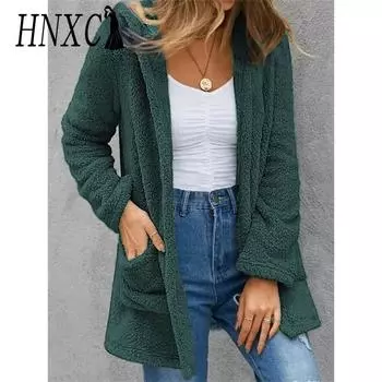 HNXC женские винтажные повседневные однотонные куртки и пальто с капюшоном на осень и зиму с длинными рукавами и принтом S зелёный