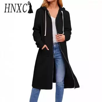 HNXC женские винтажные повседневные однотонные куртки и пальто с капюшоном на осень и зиму с длинными рукавами и принтом S чёрный
