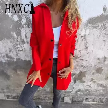 HNXC женские винтажные повседневные однотонные куртки и пальто с воротником-поло на осень-зиму с длинным рукавом и принтом S красный