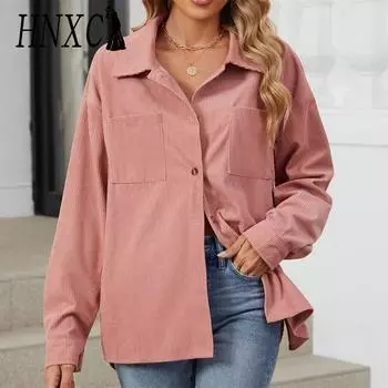 HNXC женские винтажные повседневные однотонные куртки и пальто с воротником-поло на осень-зиму с длинным рукавом и принтом S темно-синий