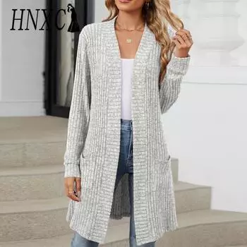 HNXC женские винтажные повседневные однотонные принтованные осенне-зимние куртки и пальто с длинным рукавом S серый