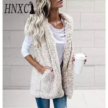 HNXC Женские винтажные повседневные однотонные принтованные осенне-зимние безрукавные куртки с капюшоном и пальто S серый