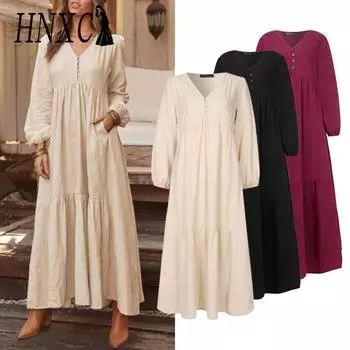 HNXC Женское хлопковое платье макси с длинным рукавом и карманом-оборкой S чёрный