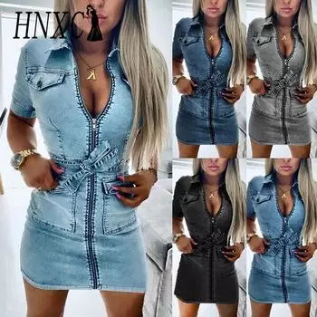 HNXC Женское модное джинсовое платье с коротким рукавом на молнии, лето-весна S чёрный