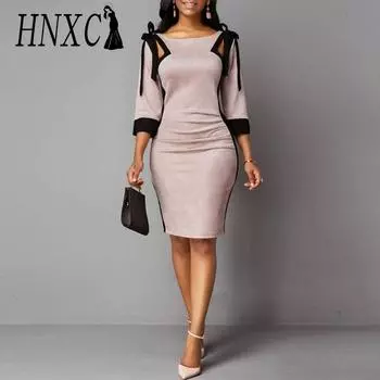 HNXC Женское осенне-зимнее платье с завязками на плечах и рукавами три четверти с разрезом сзади S розовый
