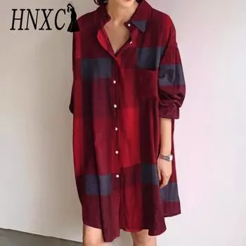 HNXC Женское платье-рубашка с отложным воротником и длинными рукавами, летнее модное платье с клетчатым принтом S красный