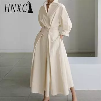 HNXC Женское повседневное свободное длинное платье с отложным воротником и длинным рукавом S зелёный