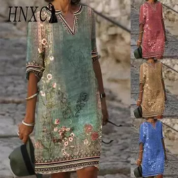 HNXC Женское сексуальное платье-футболка с V-образным вырезом, летнее женское платье с коротким рукавом, женское облегающее платье миди, пляжная юбка, платье с принтом, повседневное платье S красный