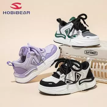 HobiBear Повседневные кроссовки для мальчиков с кожаной отделкой, весна-осень, корейская версия, модная универсальная спортивная обувь для девочек, детская обувь 27 чёрный