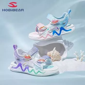 HobiBear Сандалии принцессы, летние сандалии для девочек, цельные сандалии с открытым носком, мягкая подошва, пляжная обувь, школьные спортивные сандалии 27 синий