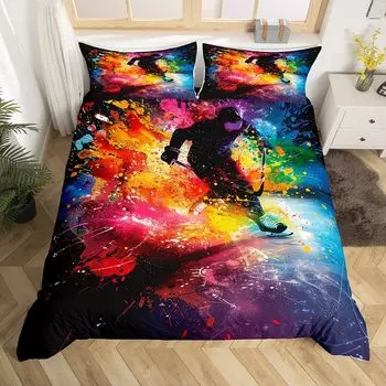 Hockey Stadium Duvet Cover Ice Hockey Bedding Set Graffiti Hockey Player Comforter Cover Winter Ball Sports Event Quilt Cover EU Single(135x200cm)