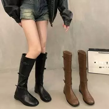 Ходьба шоу ремень пряжка сапоги женские плоский каблук длинный труба но колено ретро Мартин рыцарские сапоги вестерн ковбойские сапоги 35 коричневый