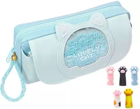 HODAKy Sparkly Pencil Cute and Stylish Stationery for Elementary School Perfect for School Entrance Cat Design Includes 5 Cute Cat Paw Pencil Caps синий