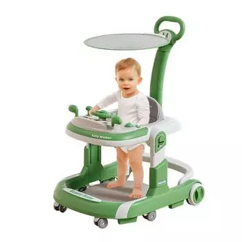 Ходунки 3 в 1 с музыкой и рулем, защита от опрокидывания, регулируемая высота, 4 режима, съемный поднос, универсальные колеса, складные детские ходунки зелёный