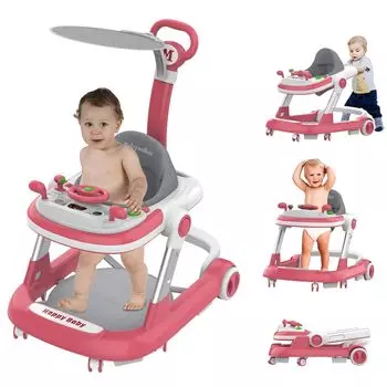 Ходунки детские со съемной игрушкой, музыкой и подсветкой, регулируемая высота, складные детские ходунки 4 в 1 с навесом, детская коляска