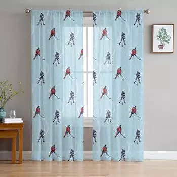 Хоккеист Катание на коньках Тюль Прозрачные оконные шторы для гостиной, кухни, детской спальни Вуаль Подвесная занавеска W135 x H114cm