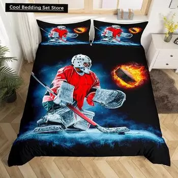 Хоккей Спорт King Queen Пододеяльник Burning Hockey Ball Комплект постельного белья для подростков Спортсмен Черный 23 шт. Полиэстер Пододеяльник EU Single 135x200cm