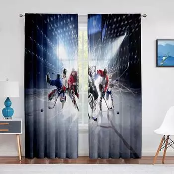 Хоккейный спортивный игрок, прозрачная вуаль, спортивная арена, окно, шифоновые тюлевые шторы для гостиной, спальни, украшения, шторы 1 PCS W100XH250cm&Rod Pocket
