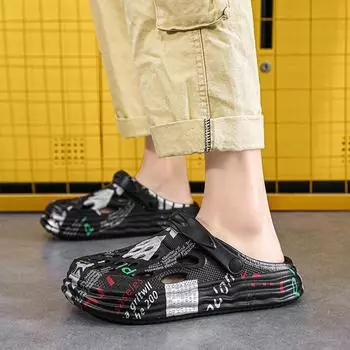 Hole shoes men s 2025 summer wear non-slip stepping on shit feeling dual-purpose slippers casual driving bag head beach sandals 40 чёрный