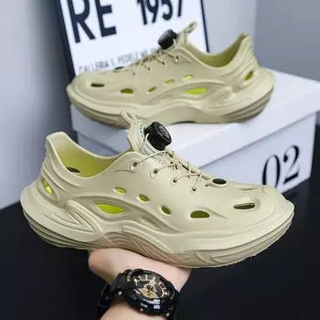 Hole shoes men s summer 2025 new outdoor wear beach thick sole heightening non-slip driving bag head sandals breathable 38 бежевый