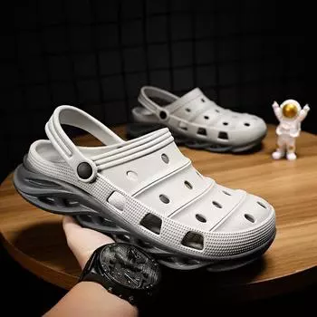 Hole slippers men s summer outer wear bag head fashionable breathable dual-purpose beach sports driving shit feeling semi-drag sandals 40 светло-серый