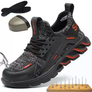 Holfredterse Men Work Boots Non-Slip Puncture Kevlar Blade Bottom Fashion Steel Toe Red Grey Casual Shoes 1688-01 37