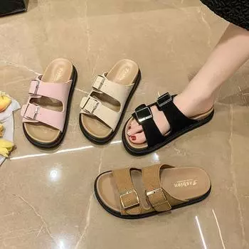 Holiday casual style retro soft leather thick-bottomed double belt buckle lazy slippers women s beach cool slippers women s outer wear 35 чёрный