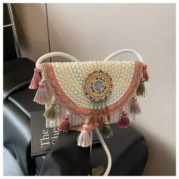 Holiday national design shoulder bag women s spring new popular contrasting color knitted portable oblique span small bag белый