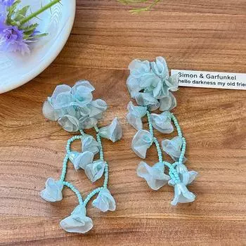Holiday ~ Seaside Vacation Style Chiffon Flower Beaded Earrings for Women Summer New Arrival High-Profile Earrings Ear Rings Mint green flowers beaded earrings-Silver Needle