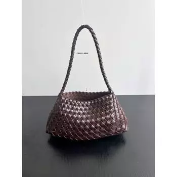 Holiday Style Hand-Woven Mint Green Canvas Bag Large Capacity Shoulder Underarm Bag Leather Casual Solid High-Grade Coffee + inner bag