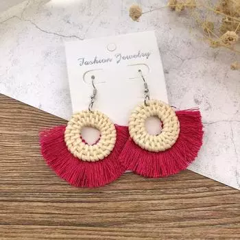 Holiday style handmade grass rattan woven earrings retro fringed simple stud earrings temperament versatile women s earrings