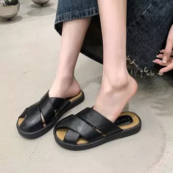 Hollow bag head half slippers women s outer wear 2024 new summer retro woven Roman sandals platform casual 35 чёрный