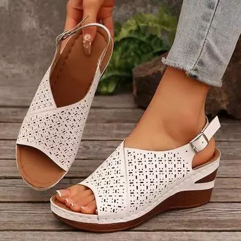 Hollow Breathable Wedge Sandals for Women Summer 2025 Fashion Thick Sole Beach Shoes Woman Peep Toe Platform Roman Sandals Mujer 36 белый