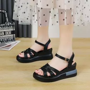 Hollow buckle sandals women s summer new open-toed casual retro wedge heel shoes sandals women s shoes 35