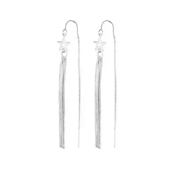 Hollow Five-Pointed Star Fringed Earrings, Sweet Girlish Temperament, Simple Style, Long Star Earrings, Korean Bronze (White Gold)