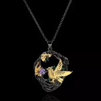 Hollow Flower Necklace New Style Decoration Colorful Gemstone Diamond Magpies Black Gold Pendant