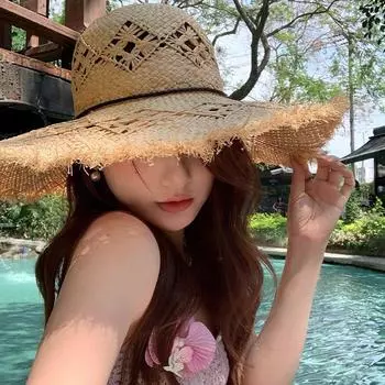 Hollow Lafite straw hat women s summer 2024 new seaside beach sunscreen photo shading big brim sun hat M56—58cm