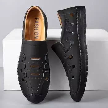 Hollow leather shoes men s shoes breathable cowhide leather shoes men s super soft dad shoes lazy shoes business casual shoes leather shoes men 38 чёрный