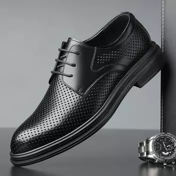 Hollow leather shoes men s summer business leisure Korean version cowhide punched men s shoes summer breathable formal wear heightening shoes 37